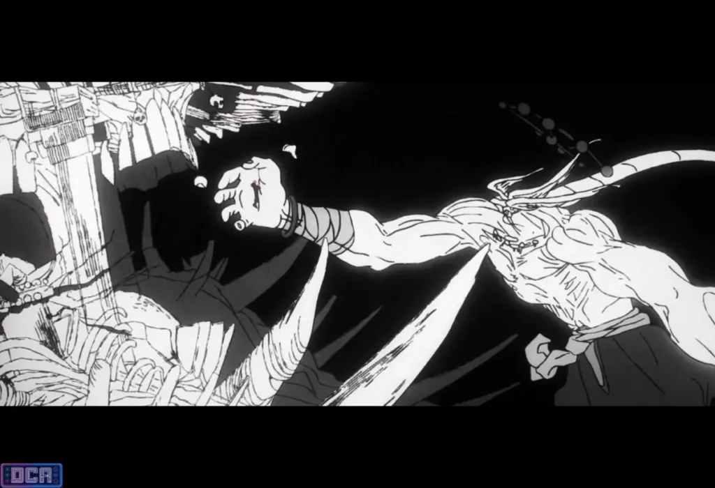 Crítica: A Luta Gojo vs Sukuna Foi a Batalha de Domínios Definitiva do Mangá? 4 Painel do mangá mostrando a Roda de Mahoraga e Sukuna, ilustrando a análise crítica sobre como o 'corte espacial' aprendido com Mahoraga foi a verdadeira chave na Luta Gojo vs Sukuna.