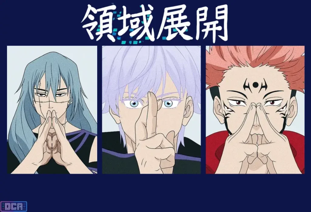 Significado de Ryoiki Tenkai: A Pronúncia e Tradução das Expansões de Domínio 2 Montagem com Mahito, Gojo e Sukuna e seus selos de mão, ilustrando a análise sobre o significado de Ryoiki Tenkai e a tradução dos nomes únicos de cada domínio em japonês.