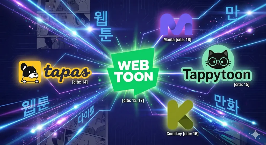 Onde Ler Manhwa? Os 7 Melhores Apps e Sites de Webtoon (Guia 2026) 1 Infográfico mostrando as logos dos 7 principais e melhores aplicativos (WEBTOON, Manta, Tapas, Tappytoon) e sites oficiais para ler manhwa e webtoons legalmente em 2026, separados por modelos de custo (assinatura, moedas, grátis).