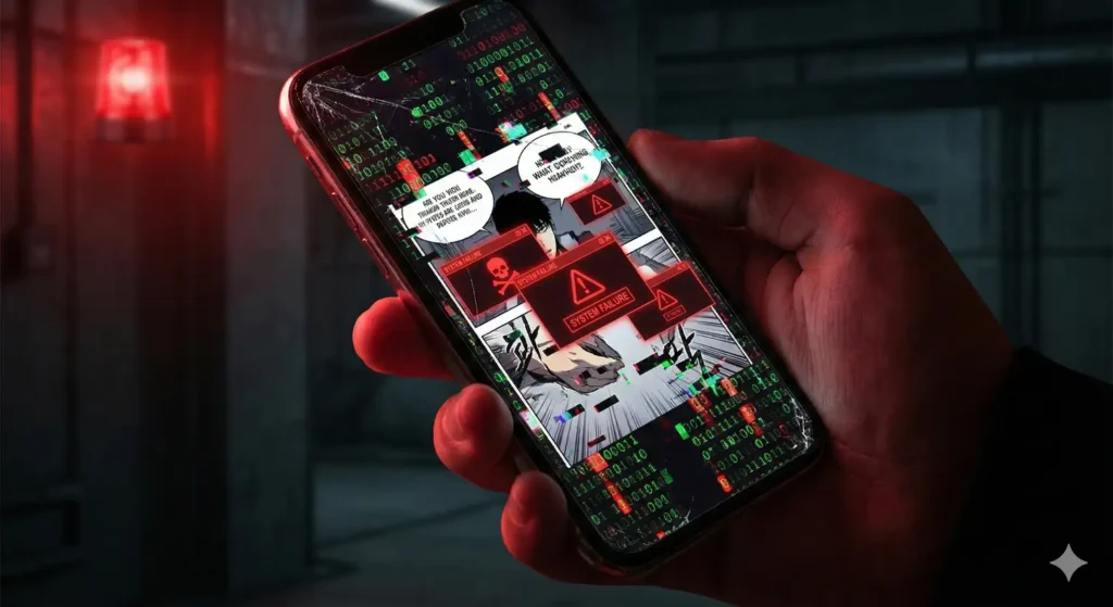 Onde Ler Manhwa? Os 7 Melhores Apps e Sites de Webtoon (Guia 2026) 2 Smartphone com tela quebrada e alertas vermelhos de 'SYSTEM FAILURE', ilustrando o risco de vírus, anúncios maliciosos e pirataria ao acessar sites de manhwa scan não oficiais e agregadores.