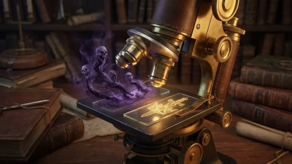 Fantasia Sombria vs. Fantasia Madura: Entenda a Linha Tênue (Guia Comparativo) 2 Representação visual de um microscópio analisando as diferenças entre Fantasia Sombria, representada por crânios e fumaça mágica, e Fantasia Madura, representada por um brasão político e militar.