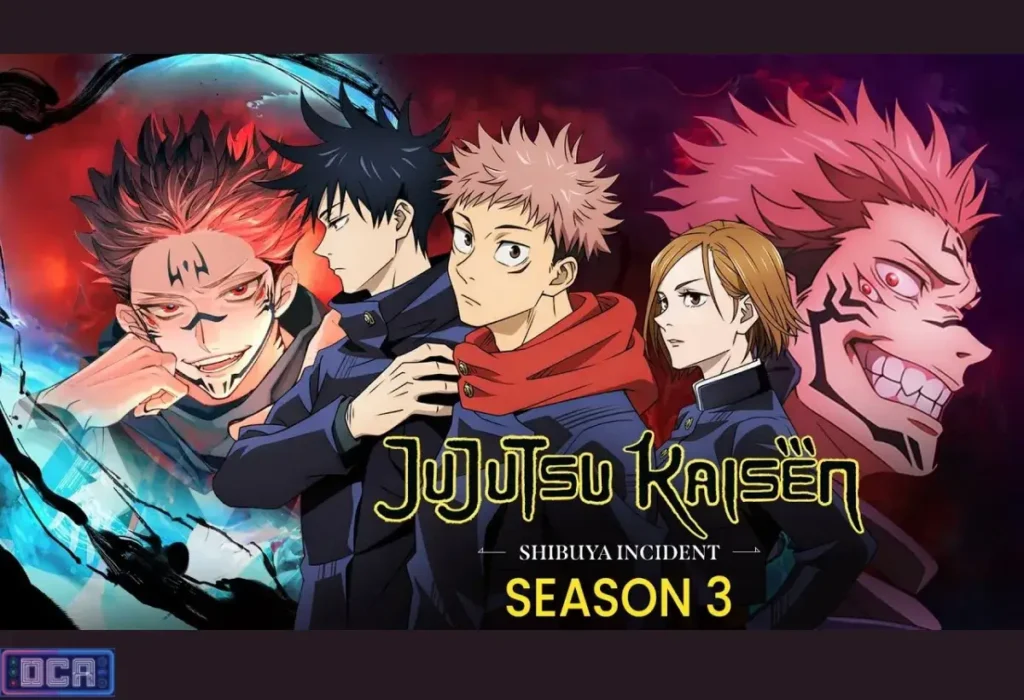Capa promocional fan-made da Terceira Temporada de Jujutsu Kaisen (Arco Jogo do Abate), com os protagonistas Yuji Itadori, Megumi, Nobara, e o vilão Sukuna, anunciando a data de estreia em janeiro de 2026.