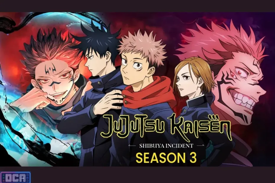 Capa promocional fan-made da Terceira Temporada de Jujutsu Kaisen (Arco Jogo do Abate), com os protagonistas Yuji Itadori, Megumi, Nobara, e o vilão Sukuna, anunciando a data de estreia em janeiro de 2026.