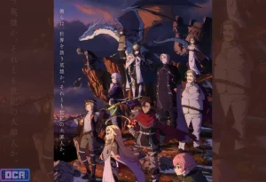 Key Visual completo do anime Sentenced to Be a Hero mostrando o esquadrão de heróis criminosos no topo de uma montanha, destacando o protagonista Xero, com um dragão branco ao fundo, transmitindo a atmosfera de fantasia sombria e ação militar da obra que estreia em 2026.