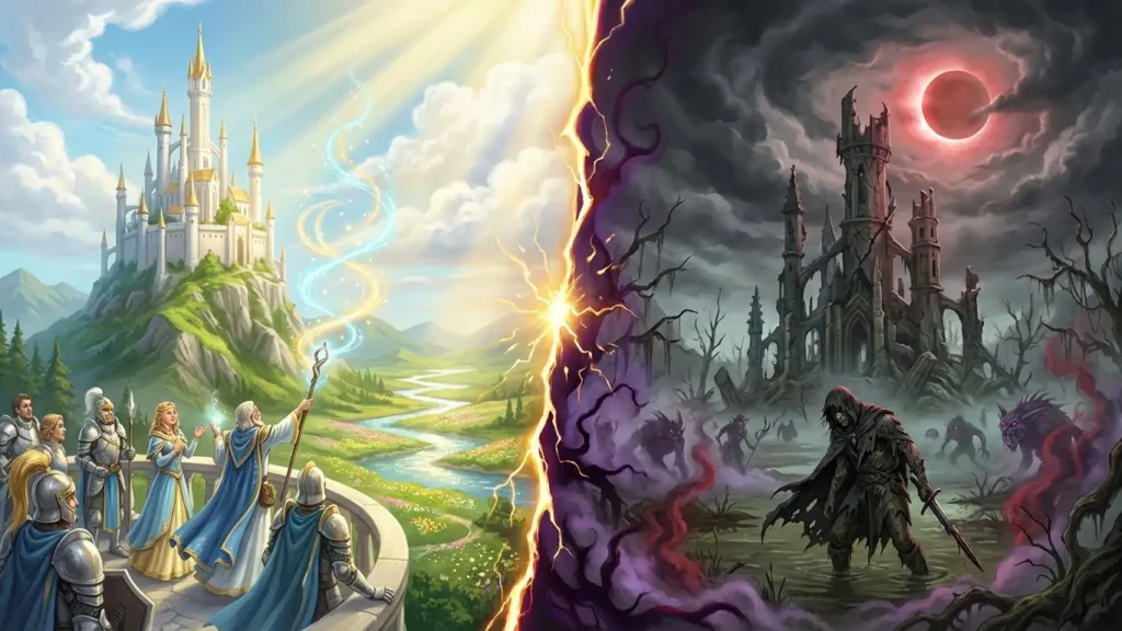 Diferenças entre Fantasia Sombria e Fantasia Tradicional: Qual a Real Diferença? (Guia Comparativo) 1 Comparação visual direta entre a Fantasia Tradicional (Alta Fantasia) representada por um castelo branco e magos sob a luz, e a Fantasia Sombria (Dark Fantasy) representada por um guerreiro em armadura escura sob um eclipse.