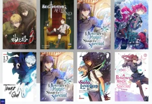 Manhwas Físicos no Brasil: Quais Coleções Valem a Pena em 2026? (Guia de Compras) 21 Imagem de destaque comparando coleções de manhwas físicos no Brasil, como Solo Leveling Panini e The Beginning After The End NewPOP, focando na qualidade da impressão colorida e no formato de luxo.