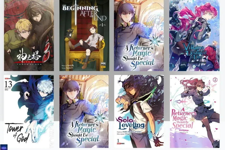 Manhwas Físicos no Brasil: Quais Coleções Valem a Pena em 2026? (Guia de Compras) 15 Imagem de destaque comparando coleções de manhwas físicos no Brasil, como Solo Leveling Panini e The Beginning After The End NewPOP, focando na qualidade da impressão colorida e no formato de luxo.