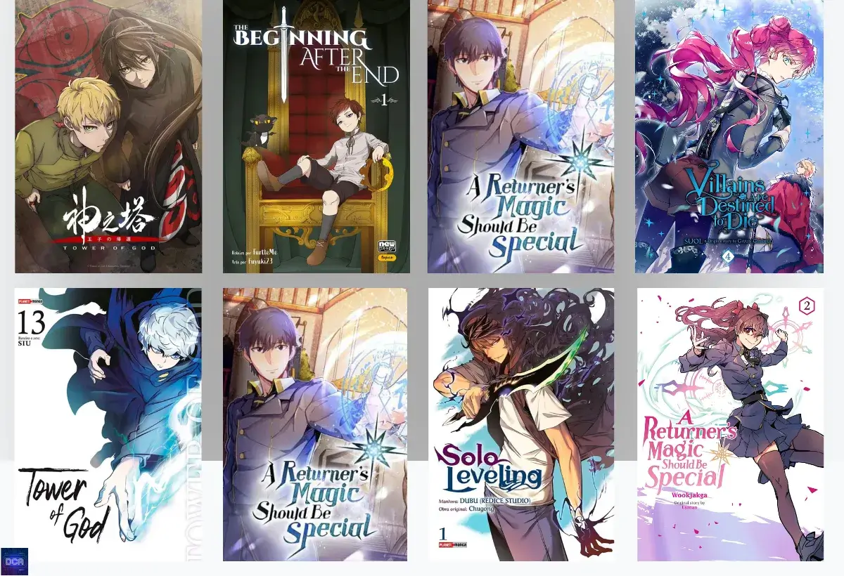 Manhwas Físicos no Brasil: Quais Coleções Valem a Pena em 2026? (Guia de Compras) 24 Imagem de destaque comparando coleções de manhwas físicos no Brasil, como Solo Leveling Panini e The Beginning After The End NewPOP, focando na qualidade da impressão colorida e no formato de luxo.