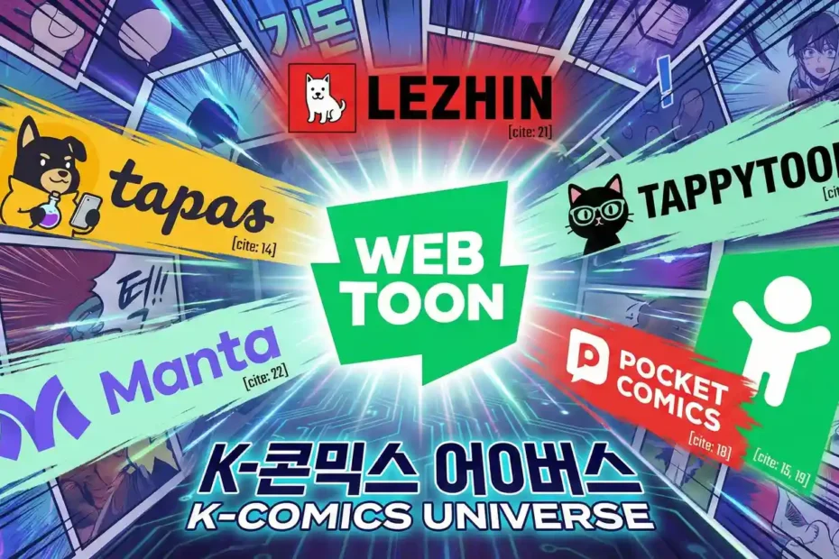 Onde Ler Manhwa? Os 7 Melhores Apps e Sites de Webtoon (Guia 2026) 6 Imagem de capa do guia mostrando as logos das 7 melhores plataformas oficiais (WEBTOON, Tapas, Tappytoon, Manta) para ler manhwa e webtoons online com segurança em 2026.