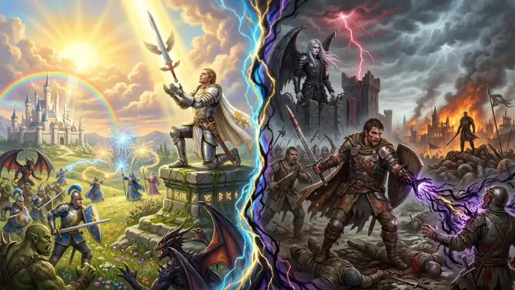 Diferenças entre Fantasia Sombria e Fantasia Tradicional: Qual a Real Diferença? (Guia Comparativo) 2 Ilustração comparando o herói escolhido da Fantasia Tradicional e o sobrevivente anti-herói da Fantasia Sombria, destacando a diferença de tons, armaduras e armas entre os gêneros.