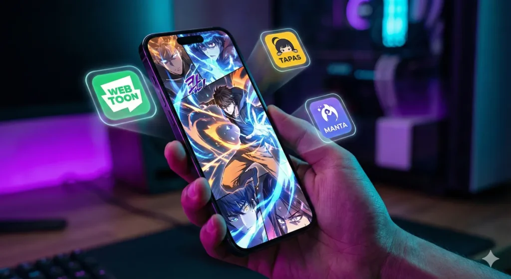 Onde Ler Manhwa? Os 7 Melhores Apps e Sites de Webtoon (Guia 2026) 4 Imagem conceitual que ajuda o leitor a decidir qual o melhor aplicativo para ler manhwa: WEBTOON (grátis), Manta (assinatura), ou Tappytoon (premium), com um manhwa de ação sendo exibido no smartphone.