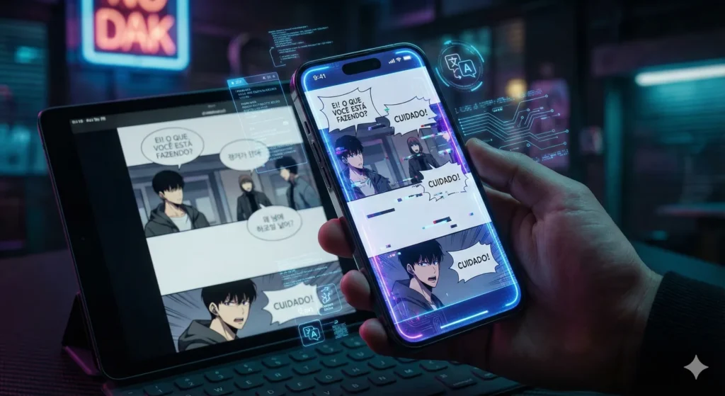 Onde Ler Manhwa? Os 7 Melhores Apps e Sites de Webtoon (Guia 2026) 3 Ilustração da barreira de idioma do manhwa, mostrando um leitor traduzindo um webtoon coreano para o português brasileiro (PT-BR) usando um aplicativo de tradução de tela, como o Google Lens, em seu smartphone.