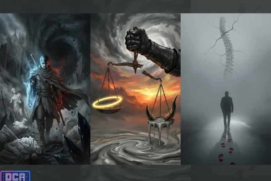Infográfico tríptico ilustrando a ambiguidade moral com um guerreiro veterano, a balança do julgamento entre o divino e o profano, e as pegadas de sangue em direção ao desconhecido.