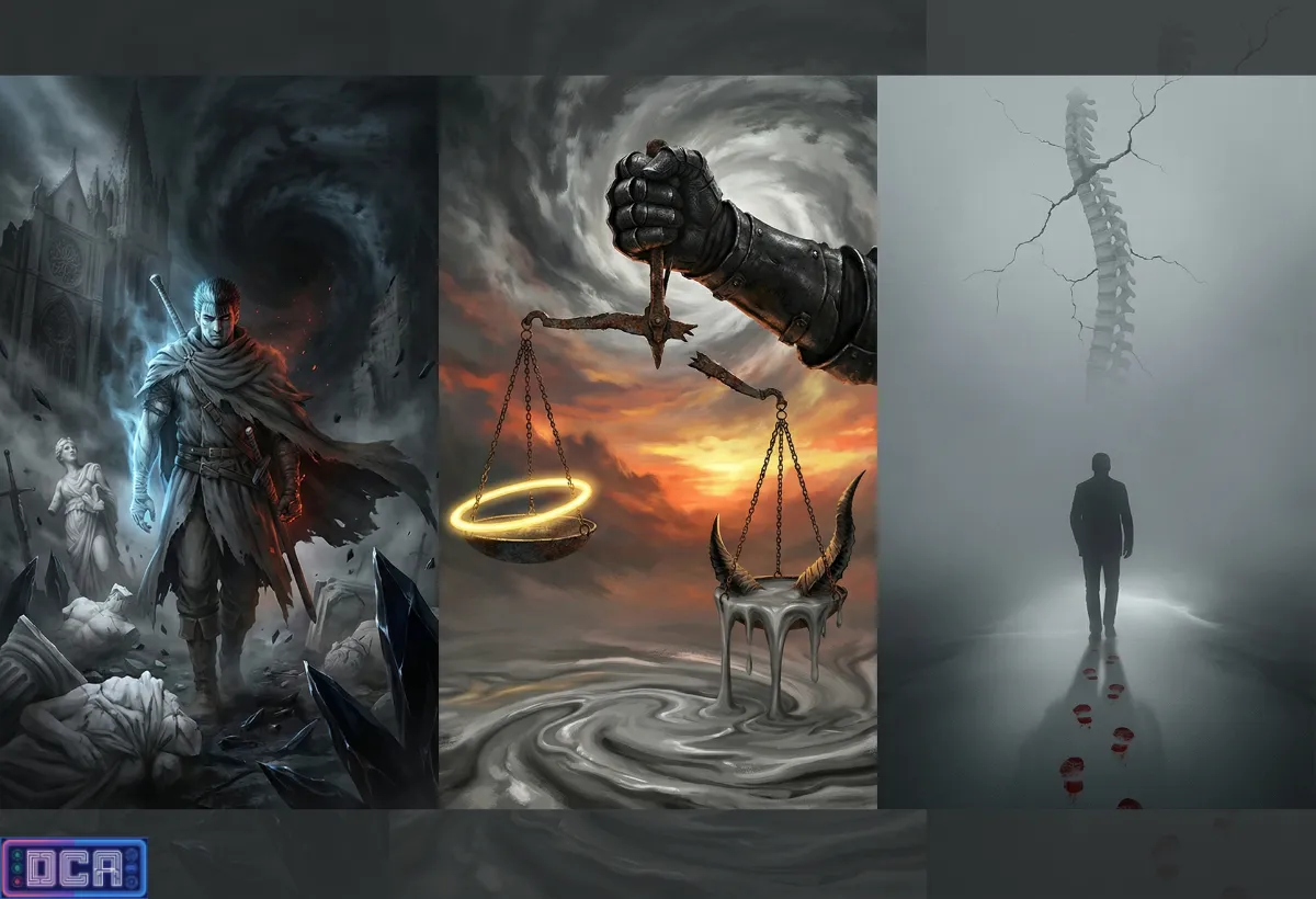 Infográfico tríptico ilustrando a ambiguidade moral com um guerreiro veterano, a balança do julgamento entre o divino e o profano, e as pegadas de sangue em direção ao desconhecido.