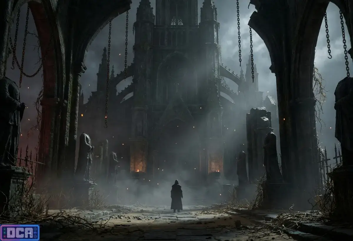 Ilustração da atmosfera da fantasia sombria mostrando uma catedral gótica em ruínas com estátuas decapitadas e névoa, exemplificando pavor psicológico e narrativa ambiental.