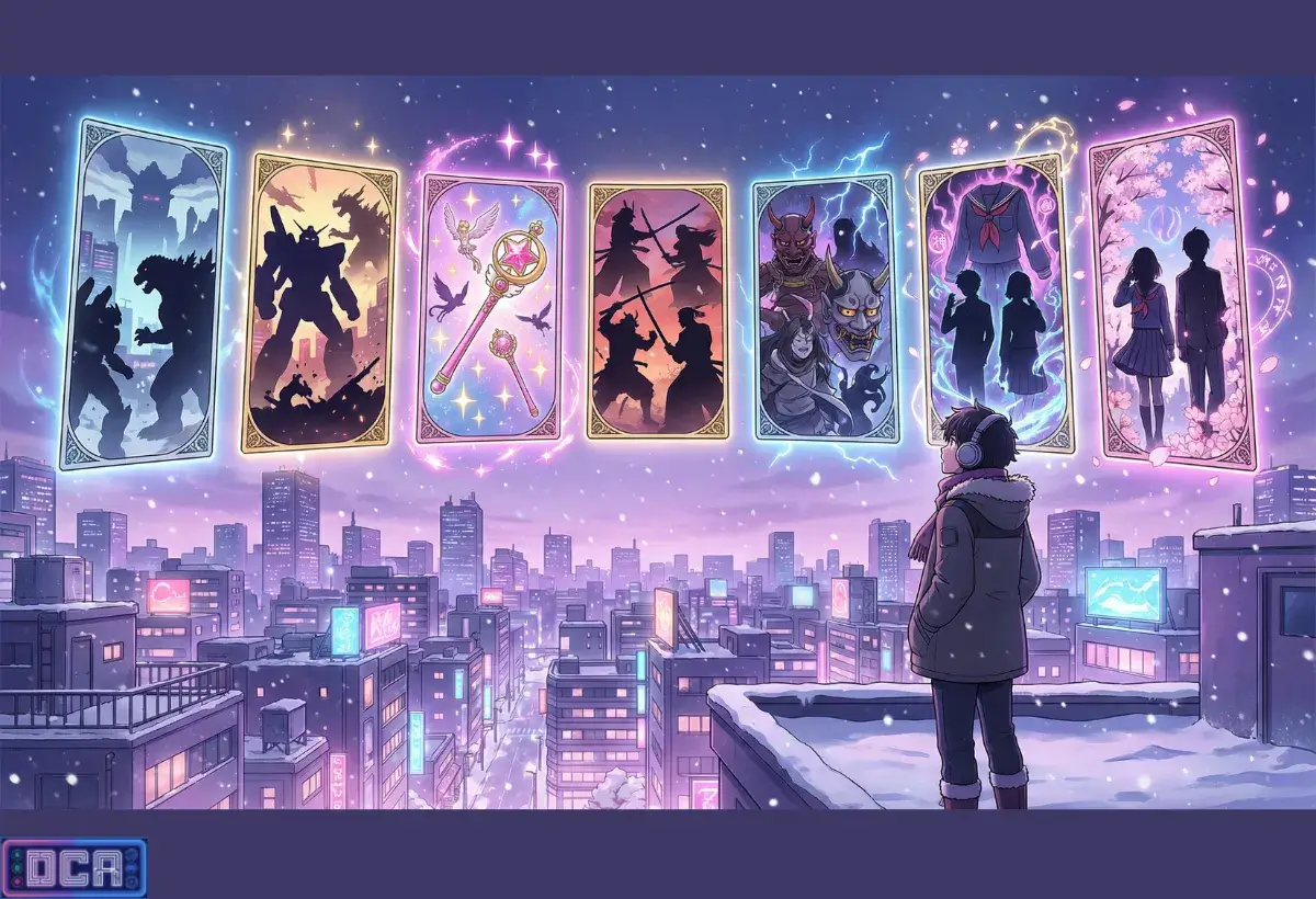 Ilustração artística do Calendário de Exibição Inverno 2026, mostrando cartas de tarô holográficas flutuando sobre uma cidade japonesa no inverno, representando os lançamentos de animes da temporada.