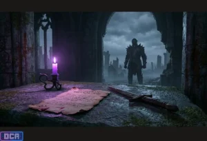 Como Reconhecer uma Obra de Fantasia Sombria: O Checklist Definitivo 7 Dossiê de reconhecimento sobre uma mesa de pedra com uma adaga, vela roxa acesa e um cavaleiro sombrio ao fundo em ruínas góticas, ilustrando o checklist de Dark Fantasy.