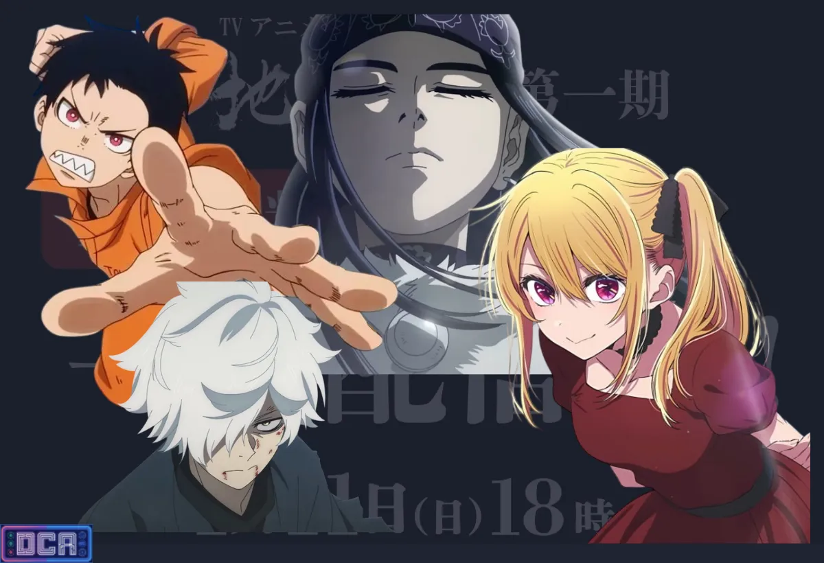 Infográfico das continuações de animes mais aguardadas de janeiro de 2026, exibindo Jujutsu Kaisen 3, Frieren 2, Hell's Paradise 2 e Fire Force 3 em uma montagem épica.