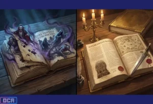 Fantasia Sombria vs. Fantasia Madura: Entenda a Linha Tênue (Guia Comparativo) 19 Comparação visual entre Fantasia Sombria, com monstros e névoa, e Fantasia Madura, com mapas, tronos e adagas diplomáticas.