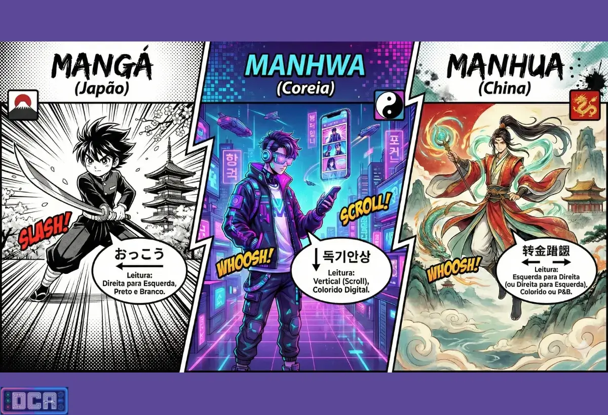 A diferença entre Manhwa o Mangá e Manhua: Entenda essa Diferença Real! (Guia Visual e Rápido) 23 Infográfico visual que compara a diferença entre Manhwa, Mangá e Manhua, detalhando a origem (Coreia, Japão, China), o formato de leitura (vertical scroll vs. direita para esquerda) e o uso de cores (colorido vs. preto e branco).