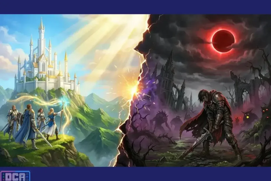 Diferenças entre Fantasia Sombria e Fantasia Tradicional: Qual a Real Diferença? (Guia Comparativo) 13 Infográfico comparativo de gêneros literários mostrando a Fantasia Tradicional (Luz) com castelos e heróis nobres à esquerda, e a Fantasia Sombria (Sombras) com guerreiros, monstros e um eclipse de sangue à direita.