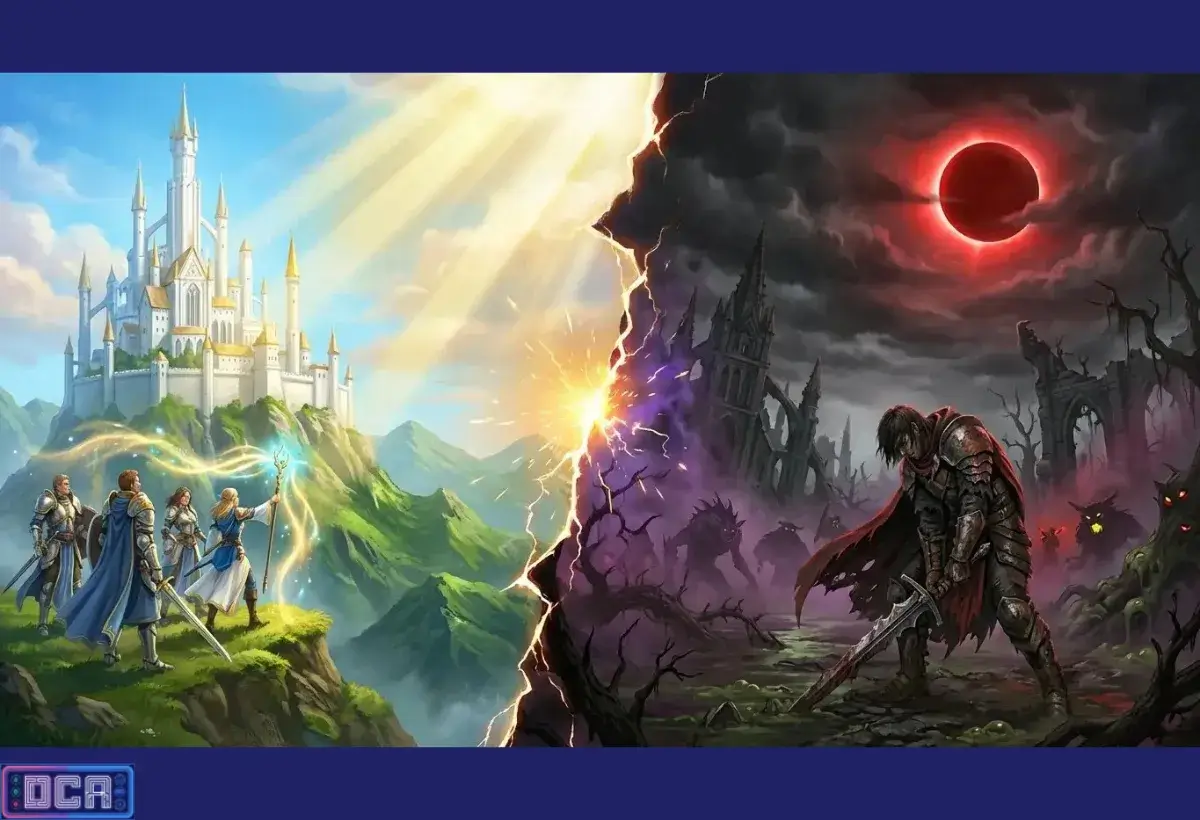 Diferenças entre Fantasia Sombria e Fantasia Tradicional: Qual a Real Diferença? (Guia Comparativo) 11 Infográfico comparativo de gêneros literários mostrando a Fantasia Tradicional (Luz) com castelos e heróis nobres à esquerda, e a Fantasia Sombria (Sombras) com guerreiros, monstros e um eclipse de sangue à direita.