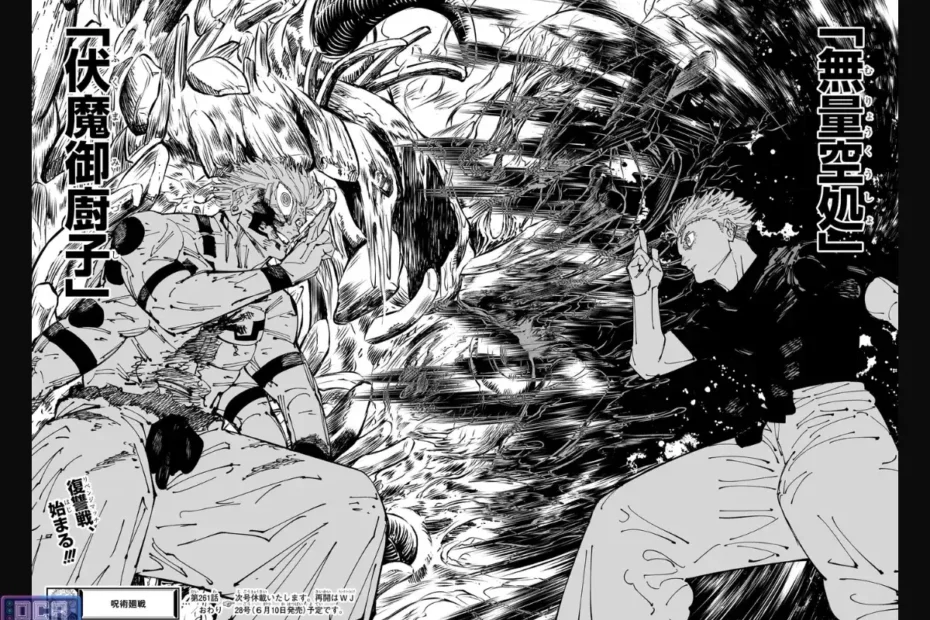Ecossistema das Expansões de Domínio em JJK: O Guia Definitivo da Técnica Suprema 1 Confronto de Expansão de Domínio entre Sukuna e Gojo no mangá Jujutsu Kaisen, ilustrando o ecossistema de barreiras e o acerto garantido (Sure-Hit).