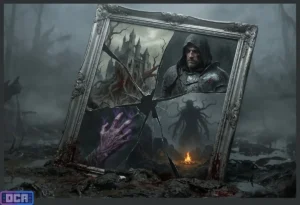 Elementos Essenciais da Fantasia Sombria: Os 4 Pilares do Abismo 6 Moldura quebrada exibindo os pilares da Fantasia Sombria: cenário de ruína, protagonista anti-herói, normalização do horror e a fogueira da esperança escassa.