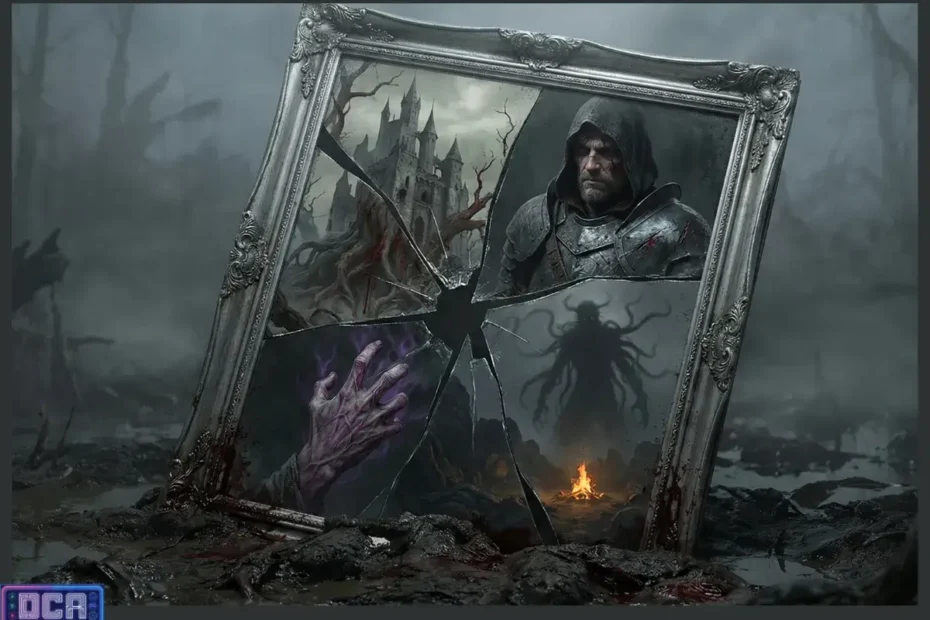 Elementos Essenciais da Fantasia Sombria: Os 4 Pilares do Abismo 5 Moldura quebrada exibindo os pilares da Fantasia Sombria: cenário de ruína, protagonista anti-herói, normalização do horror e a fogueira da esperança escassa.