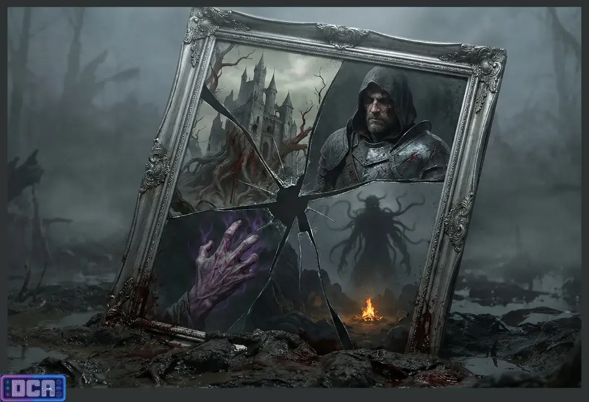 Moldura quebrada exibindo os pilares da Fantasia Sombria: cenário de ruína, protagonista anti-herói, normalização do horror e a fogueira da esperança escassa.