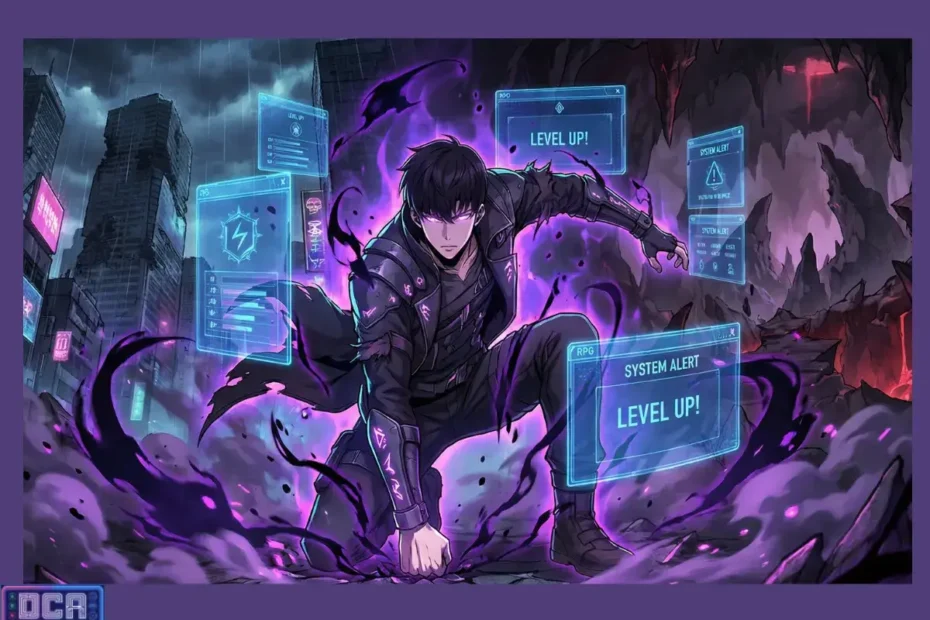 Fantasia Sombria Coreana: Por que a Estética dos Manhwas é tão Distinta? 1 Ilustração de um personagem de manhwa coreano com aura roxa e interfaces de sistema RPG flutuantes, representando a estética de fantasia sombria cinematográfica.
