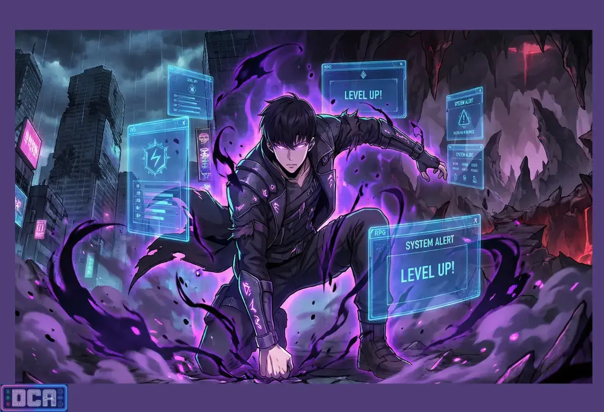 Fantasia Sombria Coreana: Por que a Estética dos Manhwas é tão Distinta? 4 Ilustração de um personagem de manhwa coreano com aura roxa e interfaces de sistema RPG flutuantes, representando a estética de fantasia sombria cinematográfica.