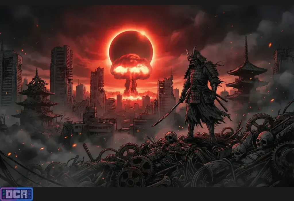 Por que a Fantasia Sombria Cresceu no Japão? O Contexto Social por Trás do Abismo 1 Ilustração de um samurai em um cenário pós-apocalíptico com um cogumelo nuclear e eclipse, representando o trauma atômico e a fantasia sombria no Japão.