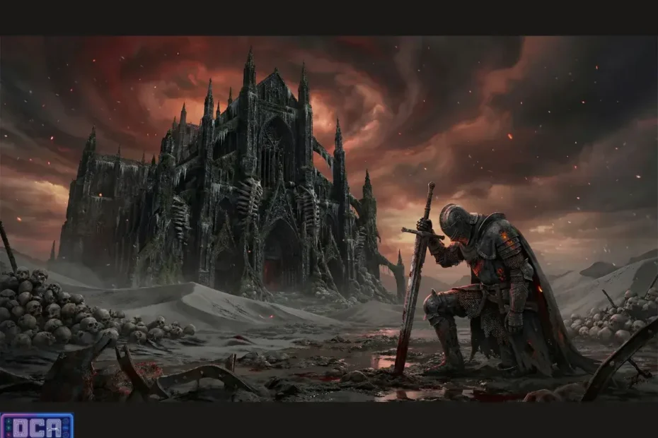 Fantasia Sombria vs Dark Fantasy nos Games: É Tudo a Mesma Coisa? 7 Ilustração de um cavaleiro em armadura ajoelhado em um campo de batalha com pilhas de crânios e um castelo gótico sombrio ao fundo, representando o gênero Dark Fantasy nos games.