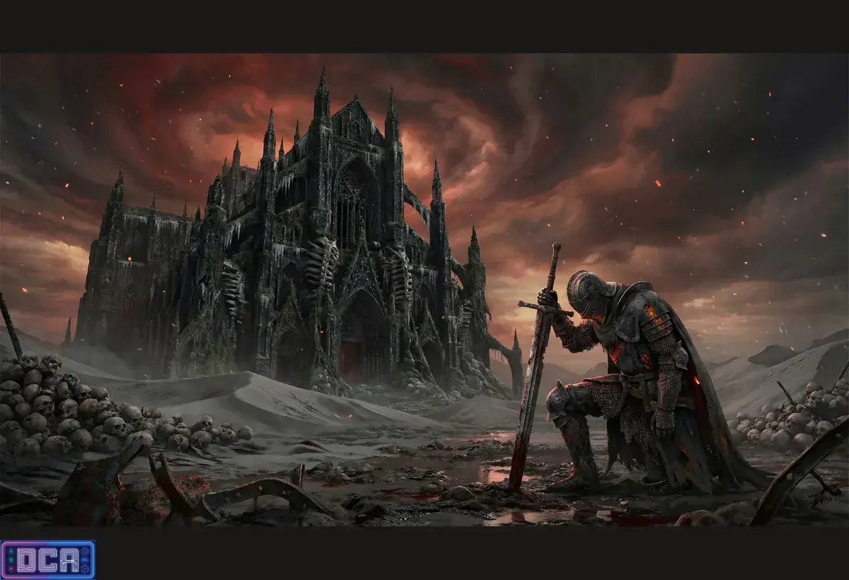 Ilustração de um cavaleiro em armadura ajoelhado em um campo de batalha com pilhas de crânios e um castelo gótico sombrio ao fundo, representando o gênero Dark Fantasy nos games.