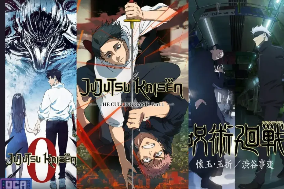 Guia Jujutsu Kaisen: Todas as Temporadas, Filmes e Onde Assistir (2026) 4 Infográfico mostrando a evolução de Jujutsu Kaisen do Filme 0 até a 3ª Temporada (Jogo do Abate), destacando onde assistir e a ordem cronológica das obras.