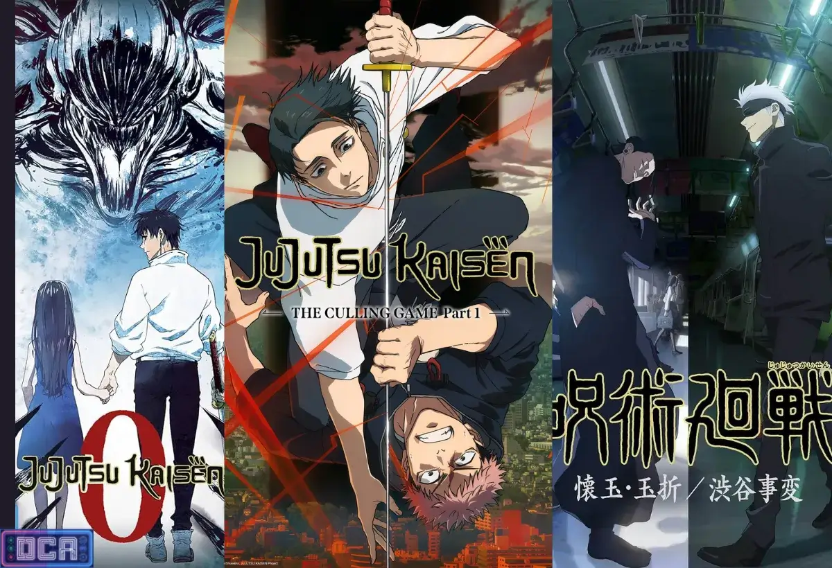 Infográfico mostrando a evolução de Jujutsu Kaisen do Filme 0 até a 3ª Temporada (Jogo do Abate), destacando onde assistir e a ordem cronológica das obras.