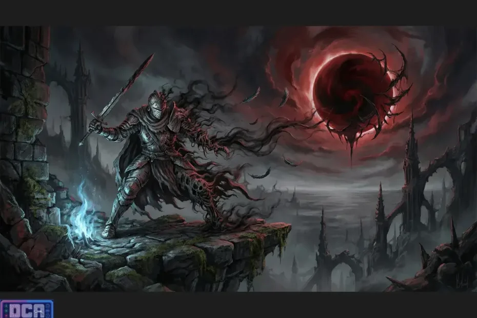 Ilustração de um cavaleiro solitário diante de um eclipse de sangue e ruínas góticas, representando a tensão psicológica e o desespero existencial da fantasia sombria.