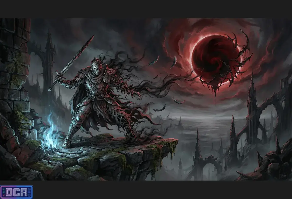 Ilustração de um cavaleiro solitário diante de um eclipse de sangue e ruínas góticas, representando a tensão psicológica e o desespero existencial da fantasia sombria.