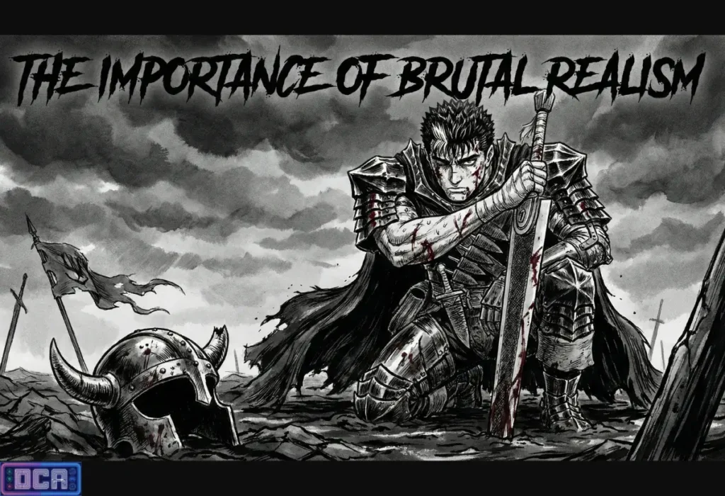 Ilustração de Guts de Berserk ajoelhado e ferido em um campo de batalha, representando o realismo brutal e a ausência de armadura de enredo nos mangás.
