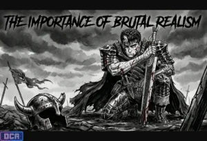 Ilustração de Guts de Berserk ajoelhado e ferido em um campo de batalha, representando o realismo brutal e a ausência de armadura de enredo nos mangás.