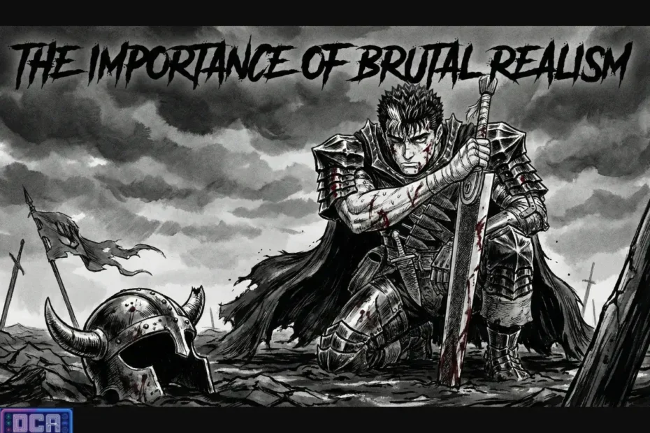 Ilustração de Guts de Berserk ajoelhado e ferido em um campo de batalha, representando o realismo brutal e a ausência de armadura de enredo nos mangás.