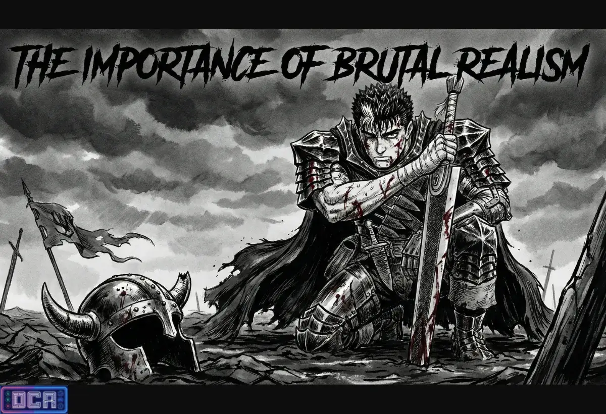 Ilustração de Guts de Berserk ajoelhado e ferido em um campo de batalha, representando o realismo brutal e a ausência de armadura de enredo nos mangás.