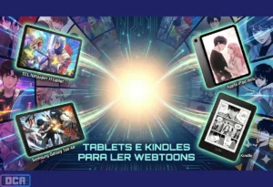 Melhores Tablets e Kindles para Ler Webtoons Verticalmente (2026): Qual a melhor tela para ler Webtoon? 22 Comparativo visual de dispositivos para ler webtoons e manhwas, mostrando o iPad Mini, Samsung Galaxy Tab A9, TCL NXTPAPER e Kindle com foco em qualidade de tela e conforto ocular.