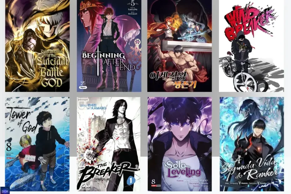 Os 20 Melhores Manhwas de Ação: Ranking Definitivo (Versões Físicas e Digitais 2026) 5 Infográfico mostrando as capas dos 20 melhores manhwas de ação de 2026, destacando obras como Solo Leveling, Tower of God e The Beginning After The End em versões físicas e digitais.
