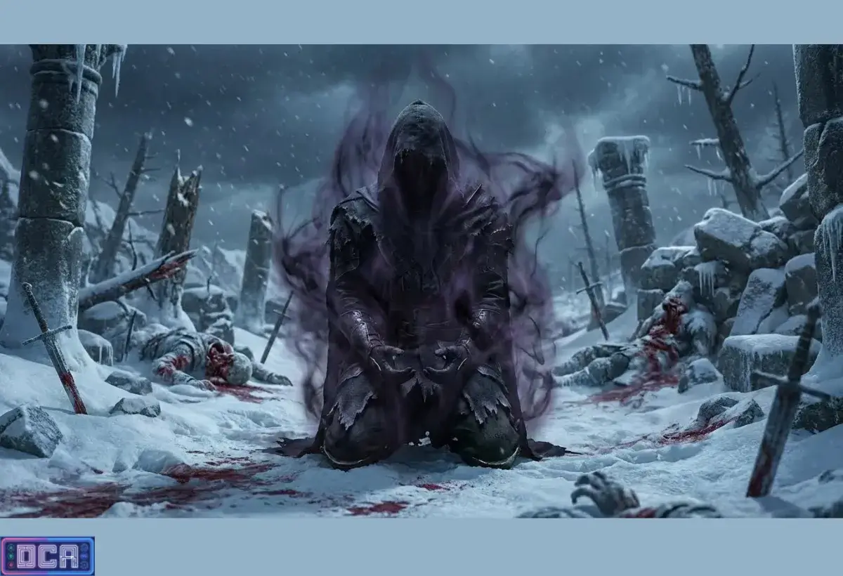 Ilustração de um guerreiro sombrio em um cenário de inverno desolado, representando o guia de animes de dark fantasy e horror da temporada de Janeiro de 2026.