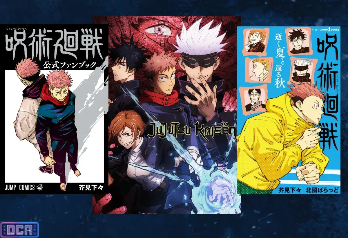 Infográfico mostrando a ordem cronológica de Jujutsu Kaisen através do Official Fanbook, o filme Jujutsu Kaisen 0 e as Light Novels da série.