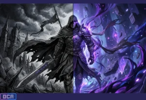 A Recepção Ocidental da Fantasia Sombria: Como Consumimos a Escuridão? 3 Imagem dividida comparando o estilo clássico de nanquim japonês (Berserk) com a Glow Art digital coreana (Solo Leveling), representando o consumo ocidental de Dark Fantasy.