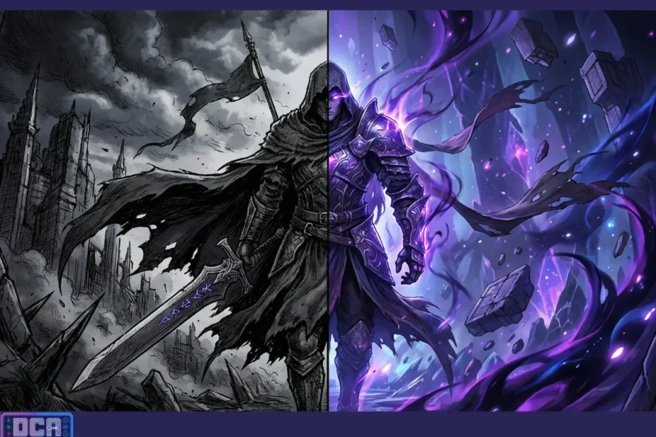 A Recepção Ocidental da Fantasia Sombria: Como Consumimos a Escuridão? 1 Imagem dividida comparando o estilo clássico de nanquim japonês (Berserk) com a Glow Art digital coreana (Solo Leveling), representando o consumo ocidental de Dark Fantasy.