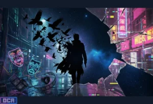 Ilustração artística representando a tragédia como linguagem: silhueta cercada por corvos, máscaras de teatro em neon e o efeito de realidade estilhaçada, simbolizando a catarse e a queda do herói.